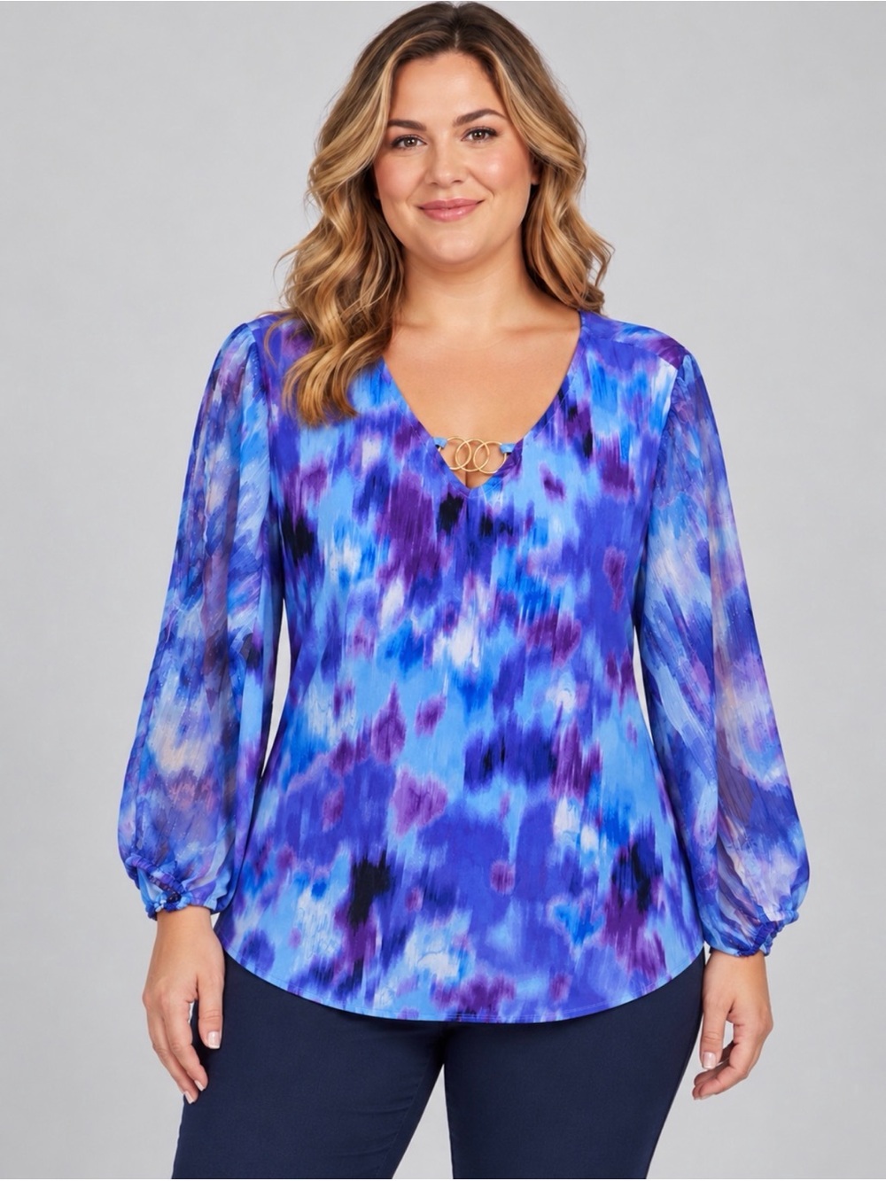 Plus Size Blue & Purple V-Neck Blouse with Gold Accent